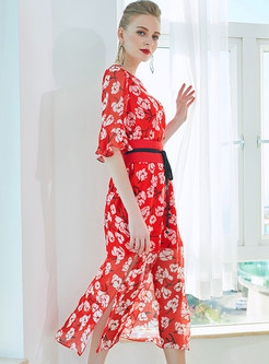 Ethnic Floral Print Silk Belted Slim A-line Dress