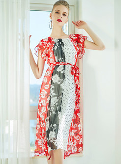 Hit Color Floral Print Lacing A-line Dress