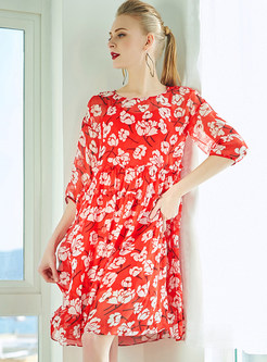 Red Floral Print Loose Shift Dress