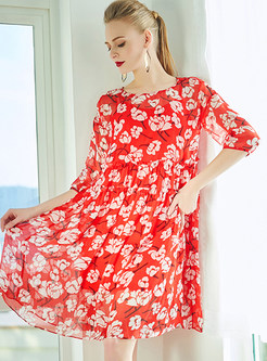 Red Floral Print Loose Shift Dress