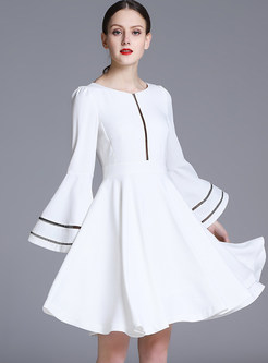 White Flare Sleeve Asymmetric Skater Dress