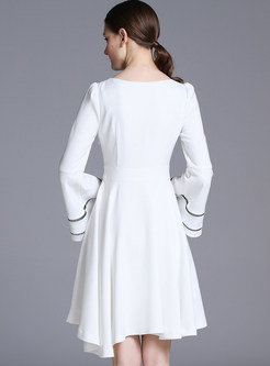 White Flare Sleeve Asymmetric Skater Dress