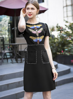Black Hot Drilling Short Sleeve A-line Dress