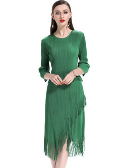 Green Tassel Asymmetric Hem Skater Dress