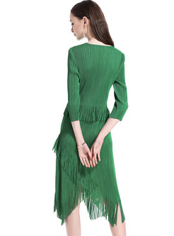 Green Tassel Asymmetric Hem Skater Dress