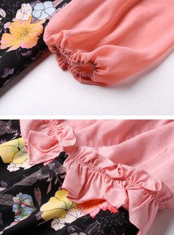 Chiffon Lantern Sleeve Flower Print A-line Dress