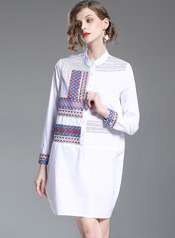 Casual Embroidered Stand Collar Shirt Dress