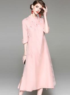 Pink Mesh Embroidered Stand Collar Shift Dress