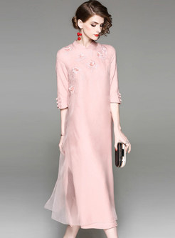 Pink Mesh Embroidered Stand Collar Shift Dress