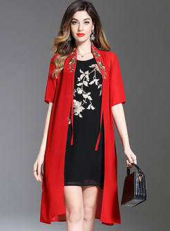 Red Slit Embroidered Lacing Coat