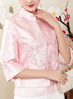 Pink Stand Collar Embroidered Short Coat