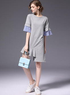 Grey Striped Splicing Asymmetric Hem Shift Dress