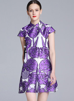 Purple Stand Collar Print Shift Dress