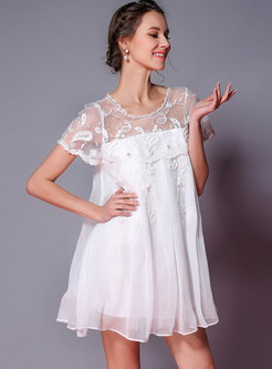 White Nail Bead Embroidered Shift Dress
