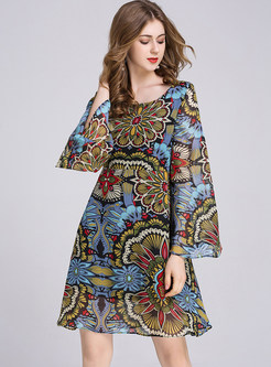 Ethnic Floral Print Flare Sleeve Shift Dress