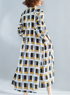 Plaid Color-blocked Stand Collar Shift Dress