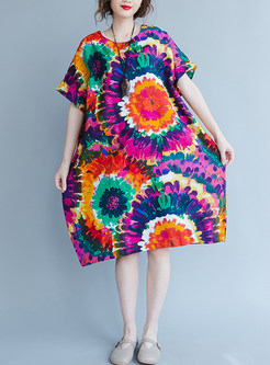 Ethnic Multi-color Print Short Sleeve Shift Dress