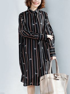 Black Striped Lapel Shirt Dress