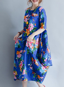 Blue Flower Print Loose Maxi Dress