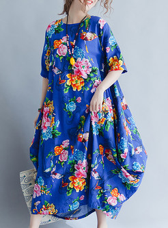 Blue Flower Print Loose Maxi Dress