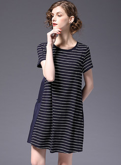 Striped Short Sleeve Splicing T-shirt Dress