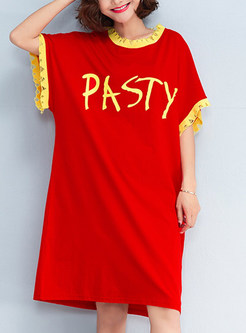 Red Loose Letter Pattern T-shirt Dress