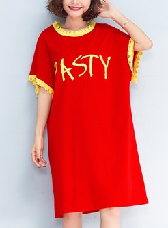 Red Loose Letter Pattern T-shirt Dress