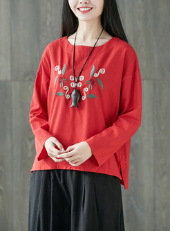 Red Ethnic Embroidered Loose T-shirt