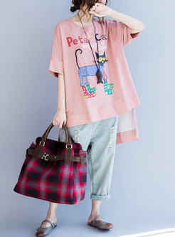 Pink Cute Animal Design Print T-shirt