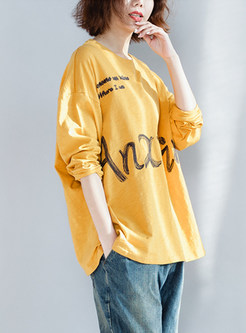 Yellow O-neck Letter Design Print Cotton T-shirt