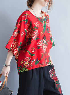 Red Ethnic Flower Print Loose T-shirt
