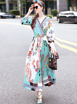 Street Floral Print V-neck Maxi Dress