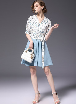 Floral Print V-neck Blouse & Blue Denim Skirt