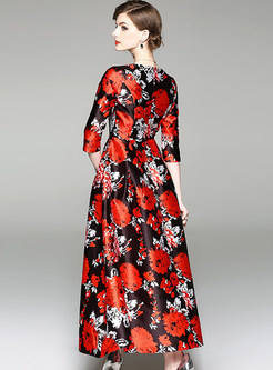 Vintage Flower Print V-neck Maxi Dress