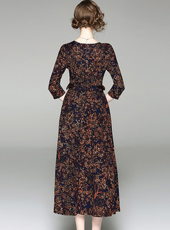 Vintage V-neck Gathered Waist Maxi Dress