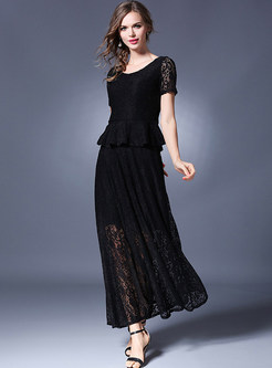 Black Lace Short Sleeve Top & Big Hem Skirt