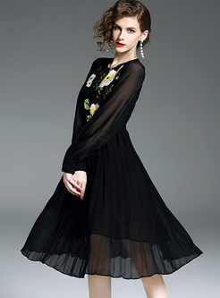 Black Sequins Embroidered Chiffon Skater Dress