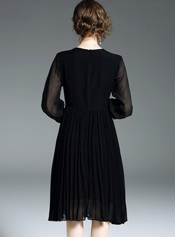 Black Sequins Embroidered Chiffon Skater Dress
