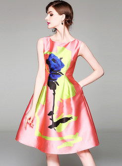 Chic High Waist Sleeveless Print A-line Dress