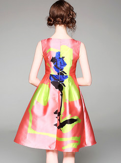 Chic High Waist Sleeveless Print A-line Dress