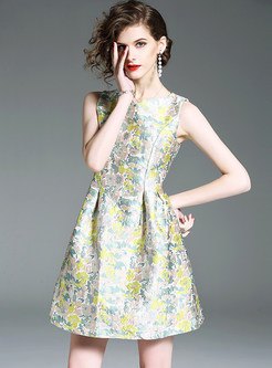 Vintage Jacquard Sleeveless V-neck A-line Dress