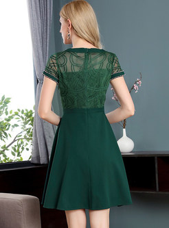 Green Mesh Gathered Waist A-line Dress