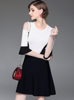 Hit Color Flare Sleeve A-line Knitted Dress