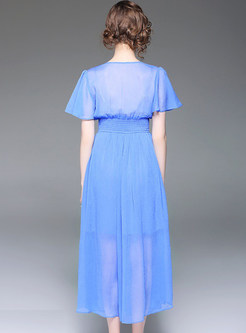 Blue V-neck Gathered Waist Falbala Maxi Dress