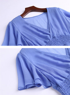 Blue V-neck Gathered Waist Falbala Maxi Dress