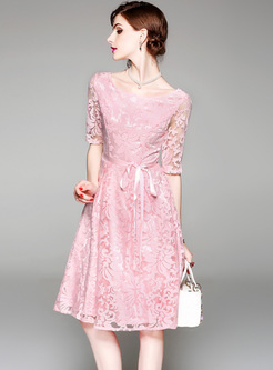 Pink Lace O-neck Perspective A-line Dress