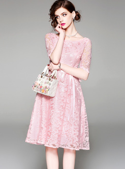 Pink Lace O-neck Perspective A-line Dress