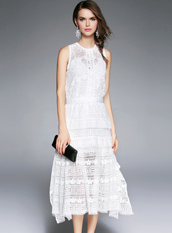 White Sleeveless Lace Slim Two-piece Outfits