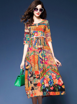 Chic Floral Print High Waist A-line Dress