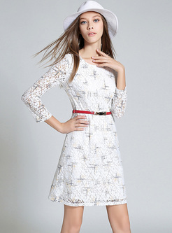White Lace Print Hollow A-line Dress